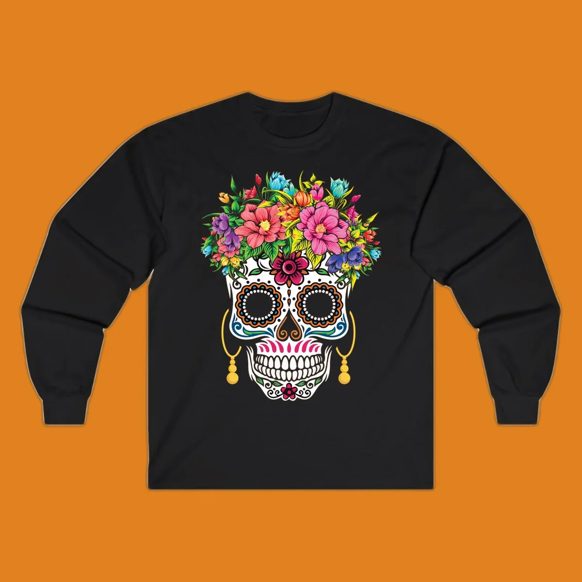 A vibrant floral calavera skull with a large, colorful flower crown and decorative patterns, featuring gold earrings.