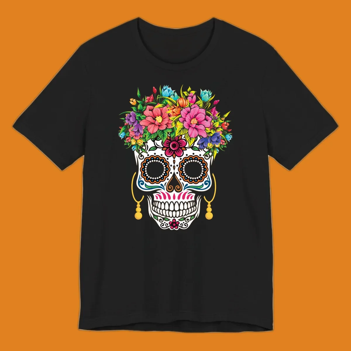 A vibrant floral calavera skull with a large, colorful flower crown and decorative patterns, featuring gold earrings.