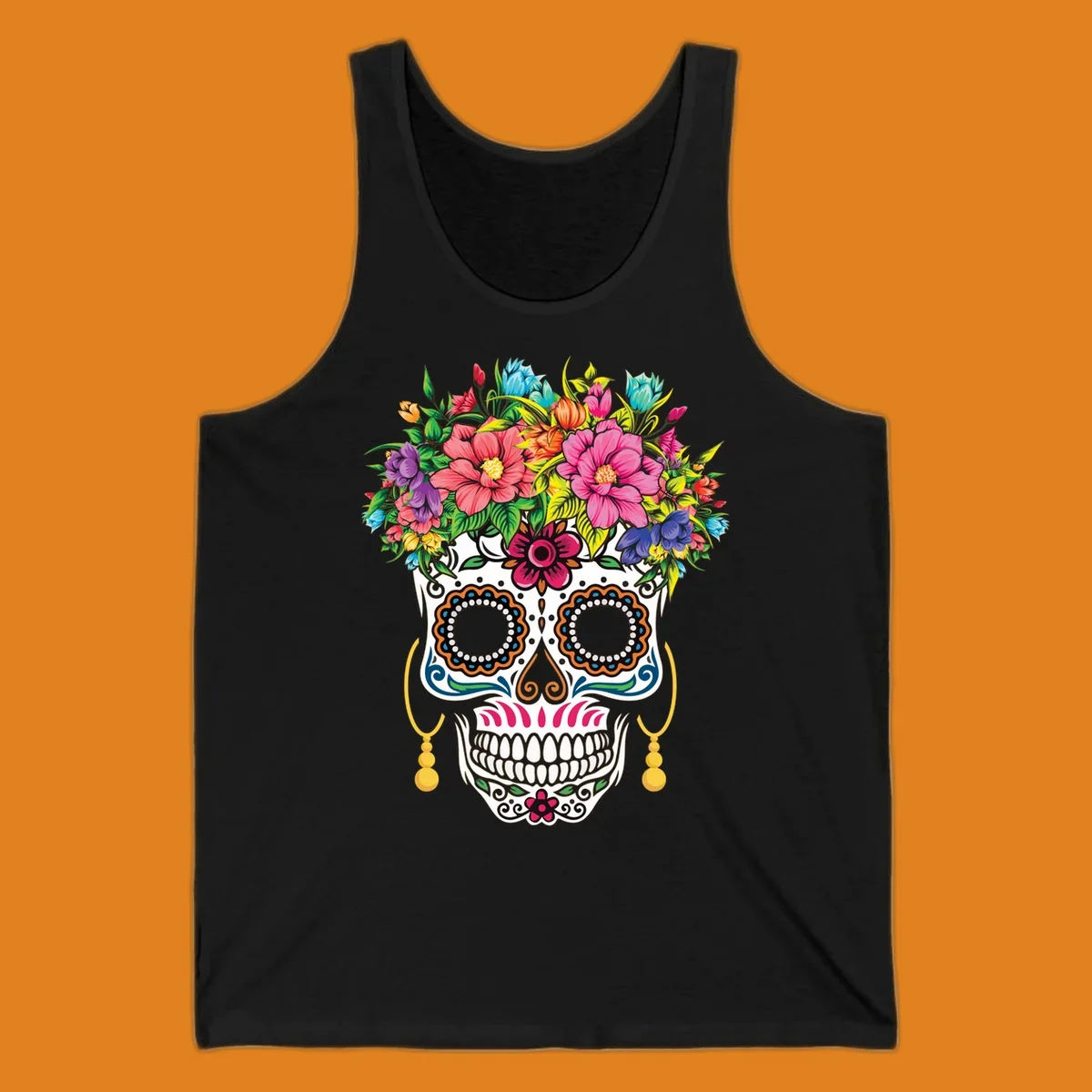A vibrant floral calavera skull with a large, colorful flower crown and decorative patterns, featuring gold earrings.