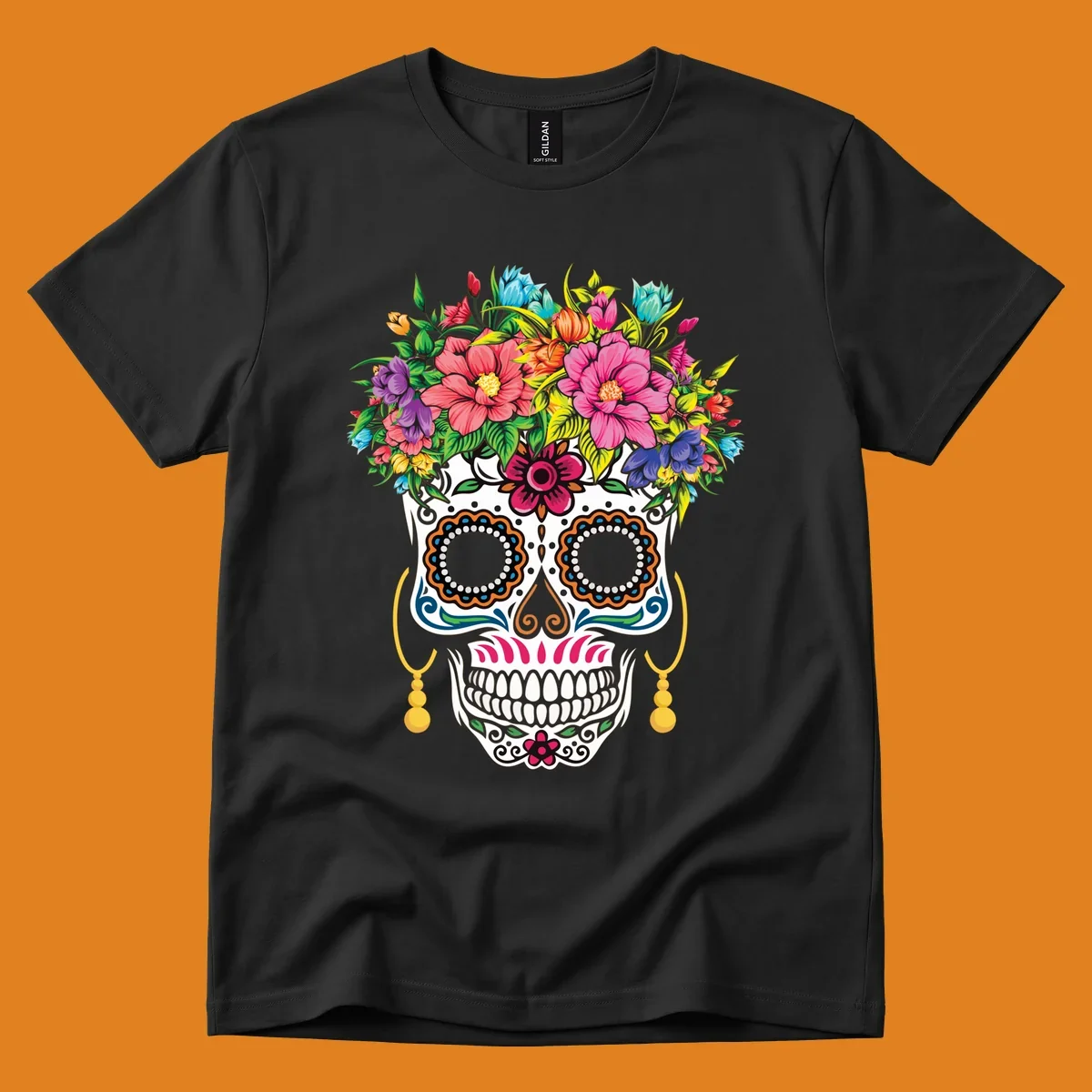 A vibrant floral calavera skull with a large, colorful flower crown and decorative patterns, featuring gold earrings.