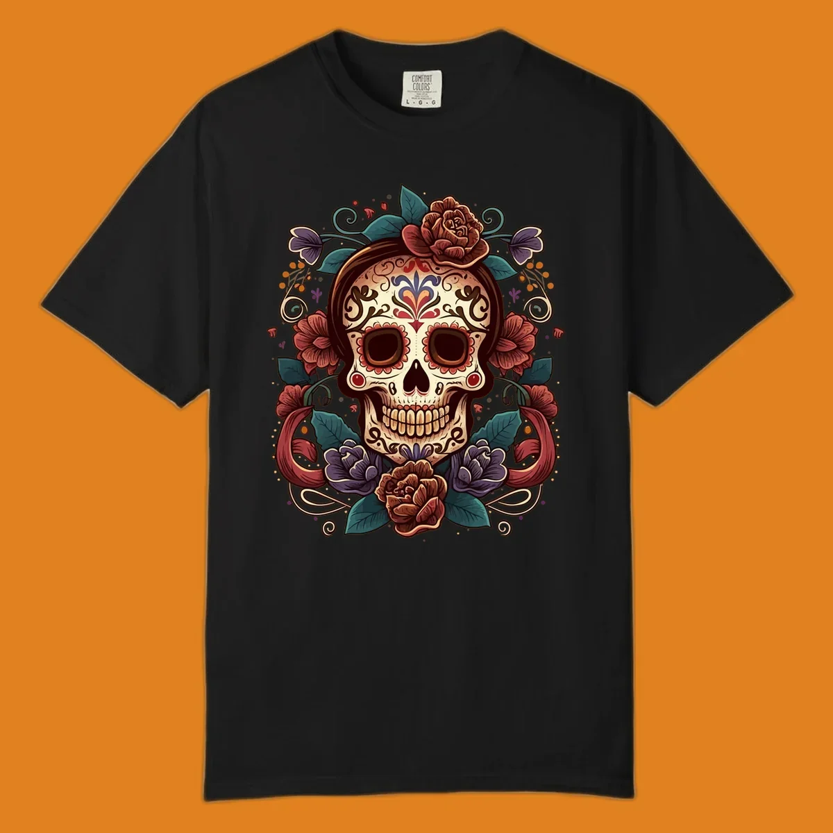 An ornate floral calavera skull with brown hair, red, purple, and teal flowers, and intricate scrollwork.