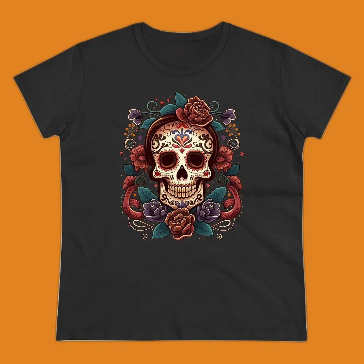 An ornate floral calavera skull with brown hair, red, purple, and teal flowers, and intricate scrollwork.