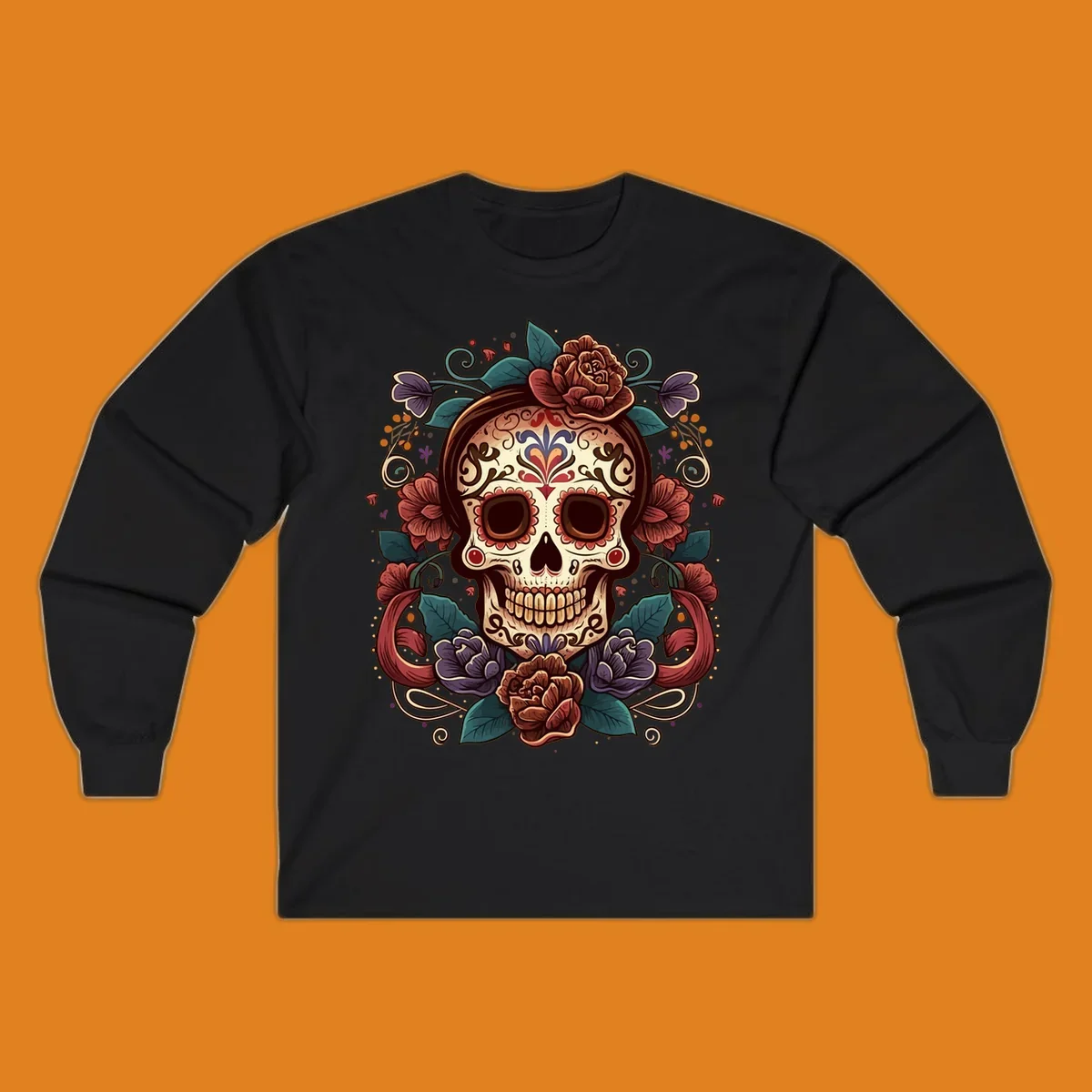 An ornate floral calavera skull with brown hair, red, purple, and teal flowers, and intricate scrollwork.