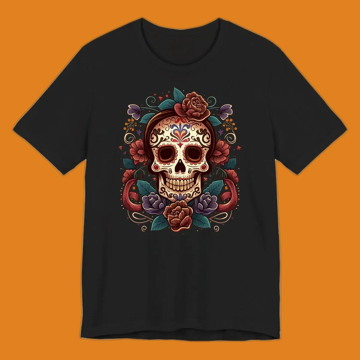 An ornate floral calavera skull with brown hair, red, purple, and teal flowers, and intricate scrollwork.