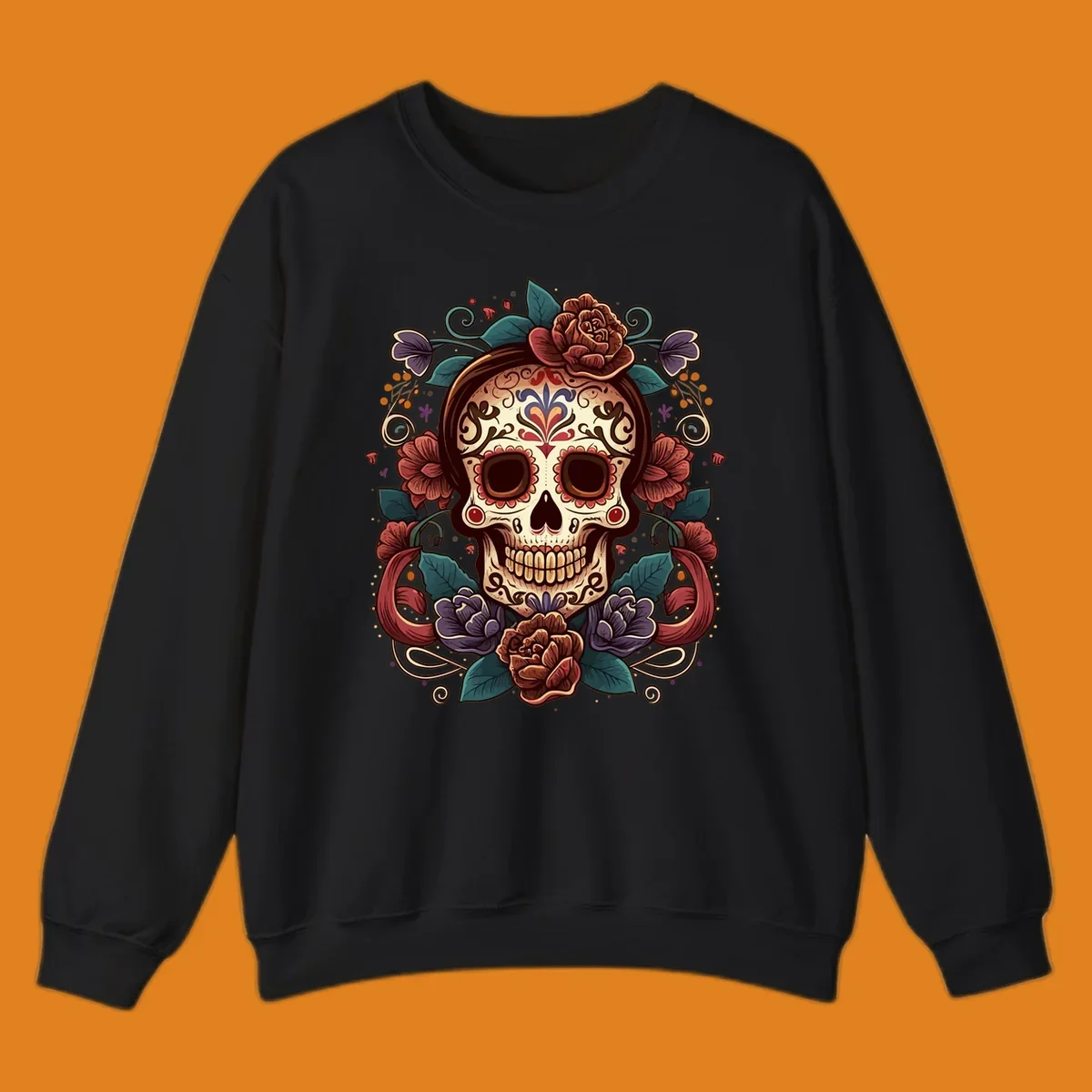 An ornate floral calavera skull with brown hair, red, purple, and teal flowers, and intricate scrollwork.