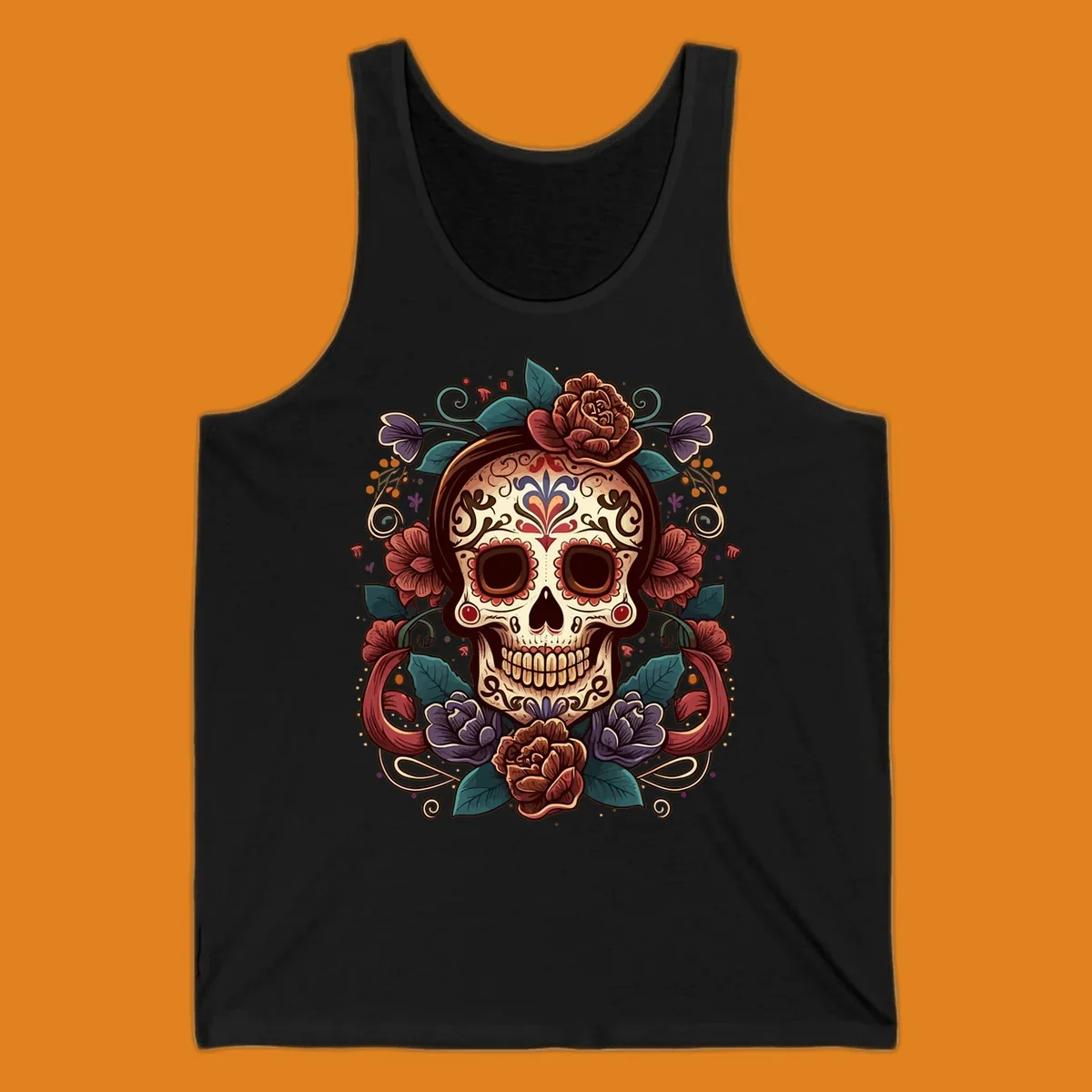 An ornate floral calavera skull with brown hair, red, purple, and teal flowers, and intricate scrollwork.