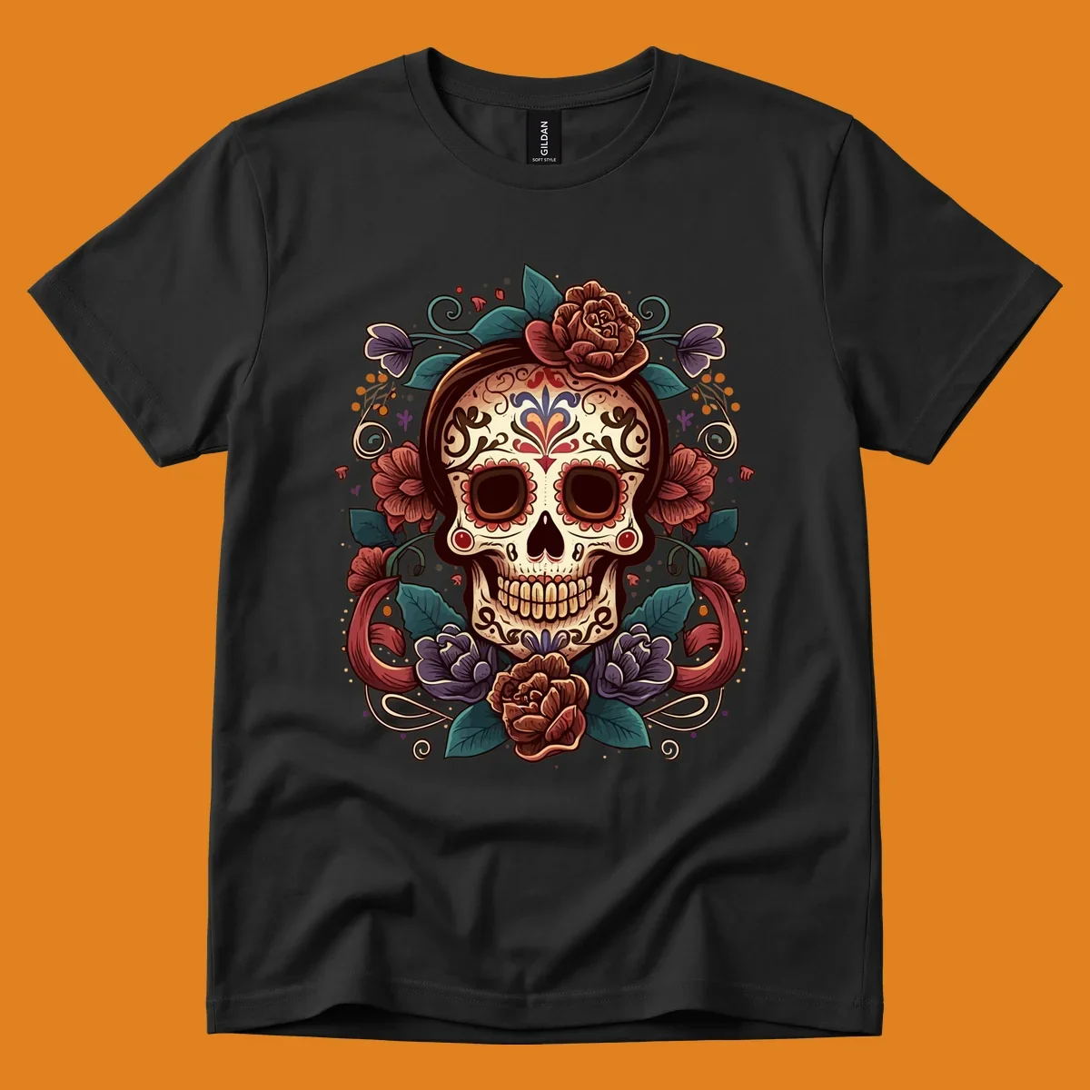 An ornate floral calavera skull with brown hair, red, purple, and teal flowers, and intricate scrollwork.