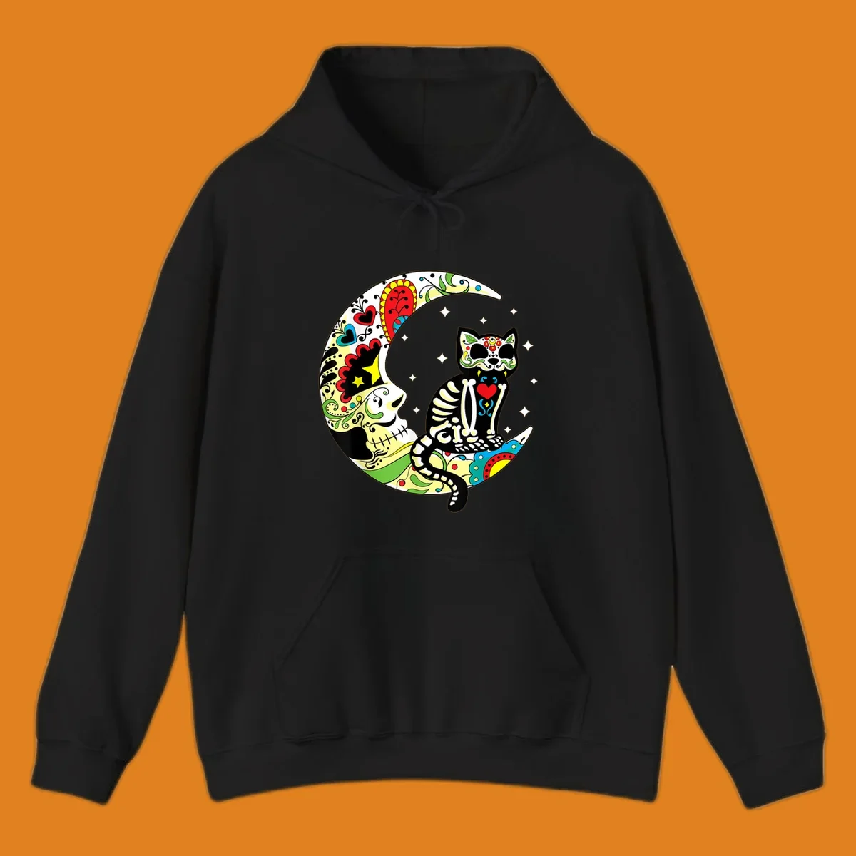 A colorful sugar skull cat with a skeleton body sits on a crescent moon decorated with skull and floral patterns. Features a sugar-skull-cat-moon.