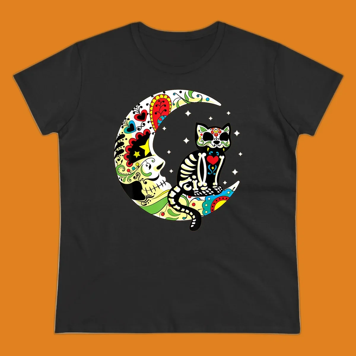 A colorful sugar skull cat with a skeleton body sits on a crescent moon decorated with skull and floral patterns. Features a sugar-skull-cat-moon.