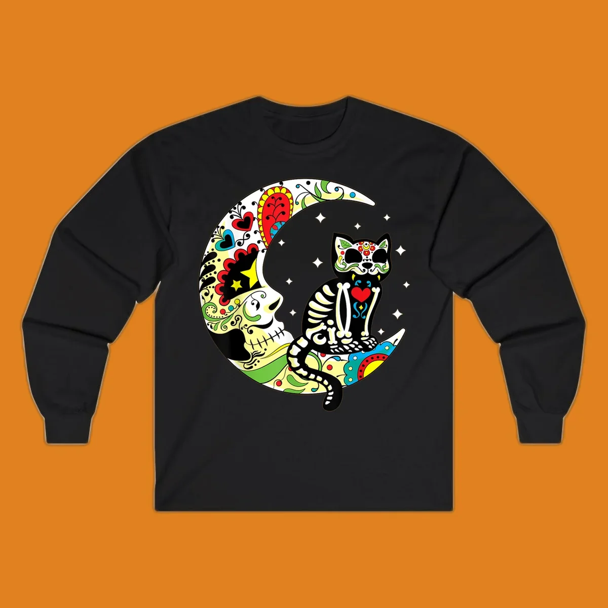 A colorful sugar skull cat with a skeleton body sits on a crescent moon decorated with skull and floral patterns. Features a sugar-skull-cat-moon.