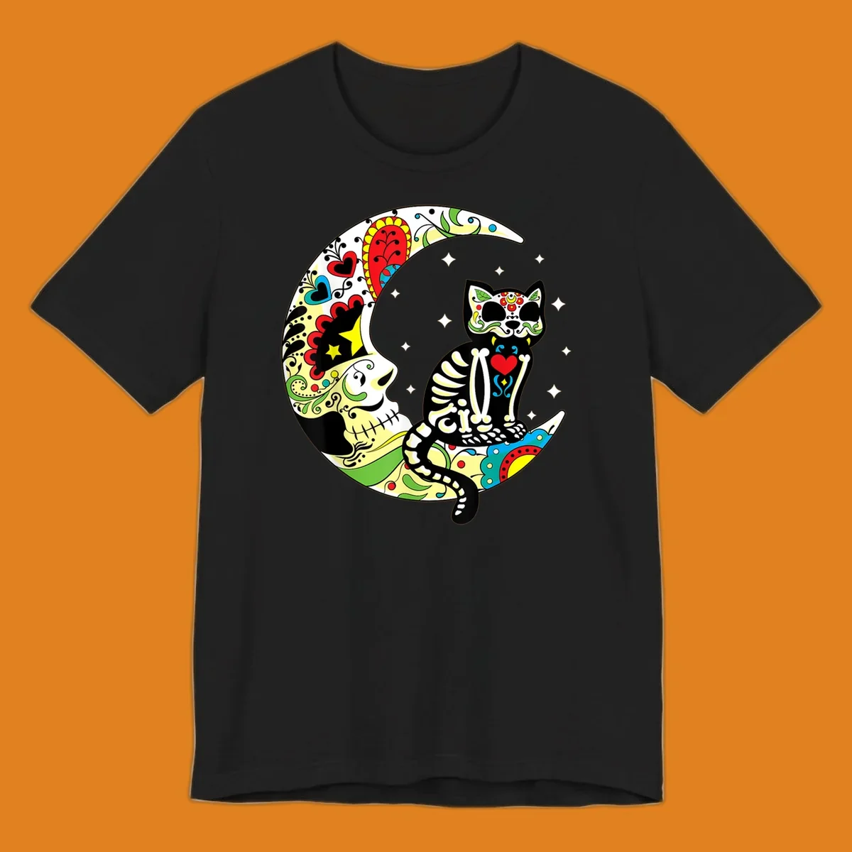 A colorful sugar skull cat with a skeleton body sits on a crescent moon decorated with skull and floral patterns. Features a sugar-skull-cat-moon.