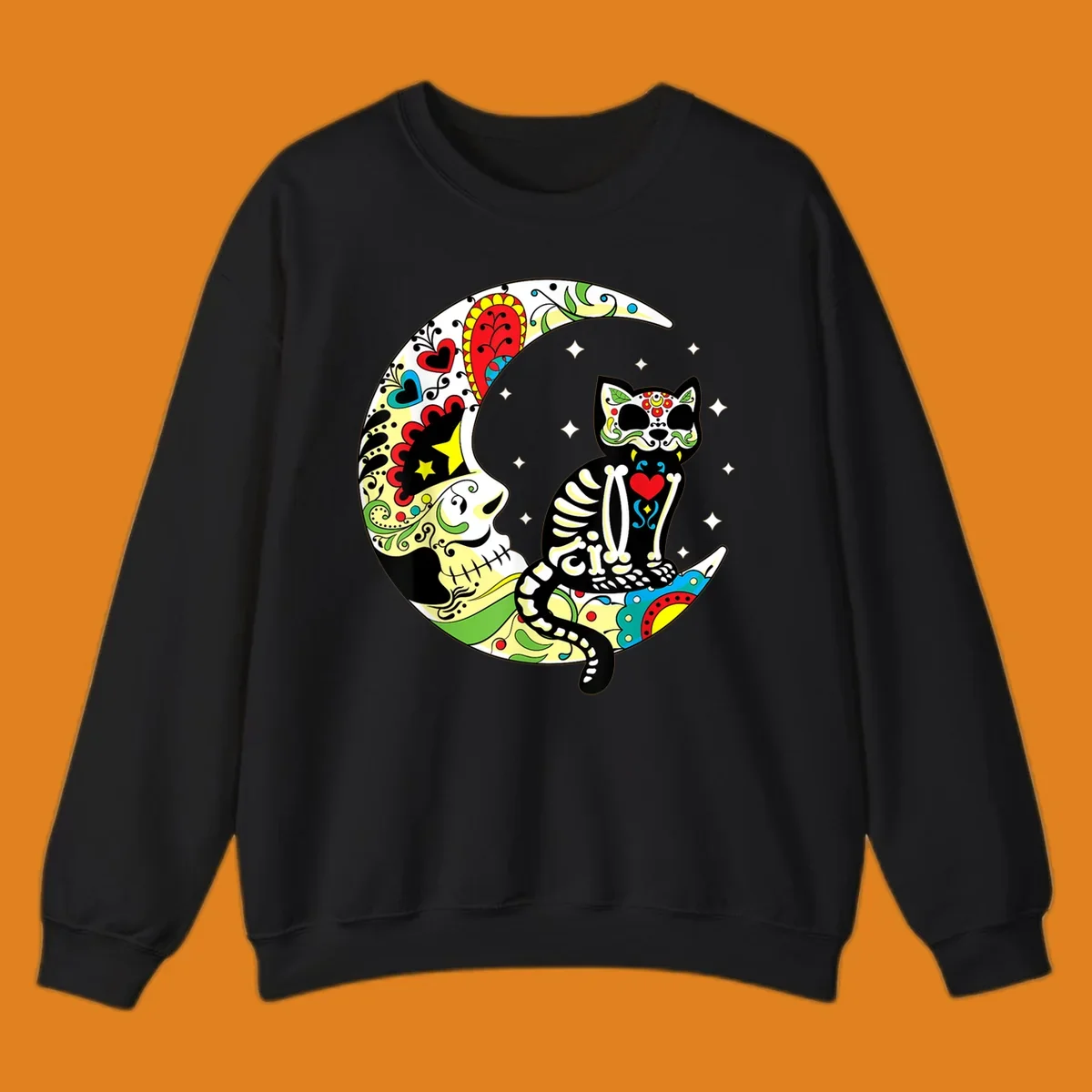 A colorful sugar skull cat with a skeleton body sits on a crescent moon decorated with skull and floral patterns. Features a sugar-skull-cat-moon.