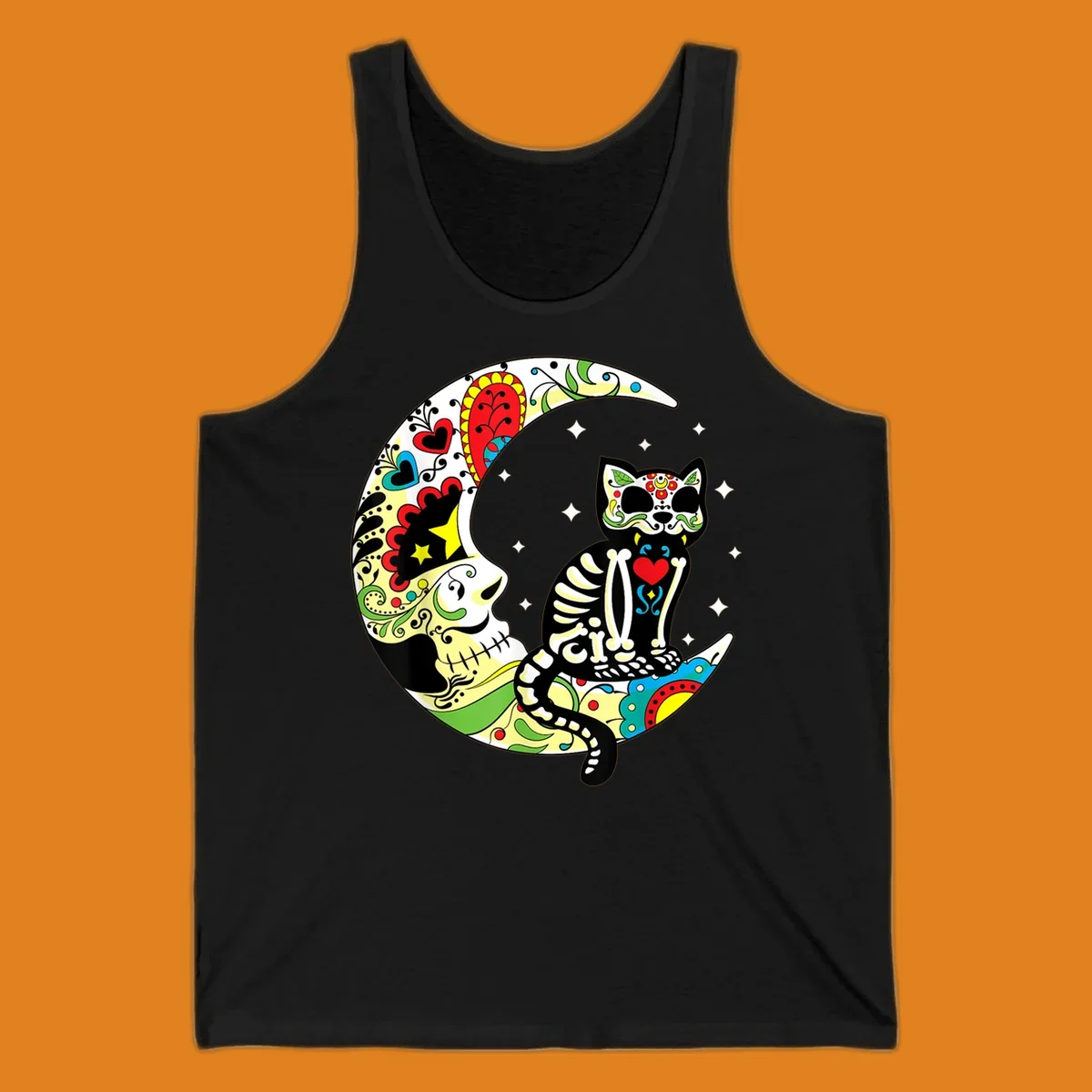 A colorful sugar skull cat with a skeleton body sits on a crescent moon decorated with skull and floral patterns. Features a sugar-skull-cat-moon.