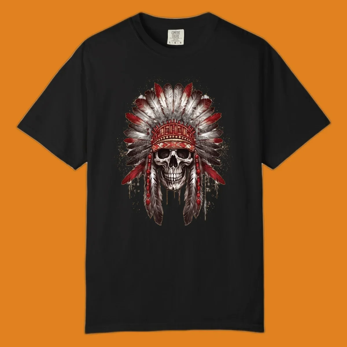 A detailed illustration of a human skull wearing an elaborate red, white, and grey feather headdress. This skull-feather-headdress design is set against a distressed background.