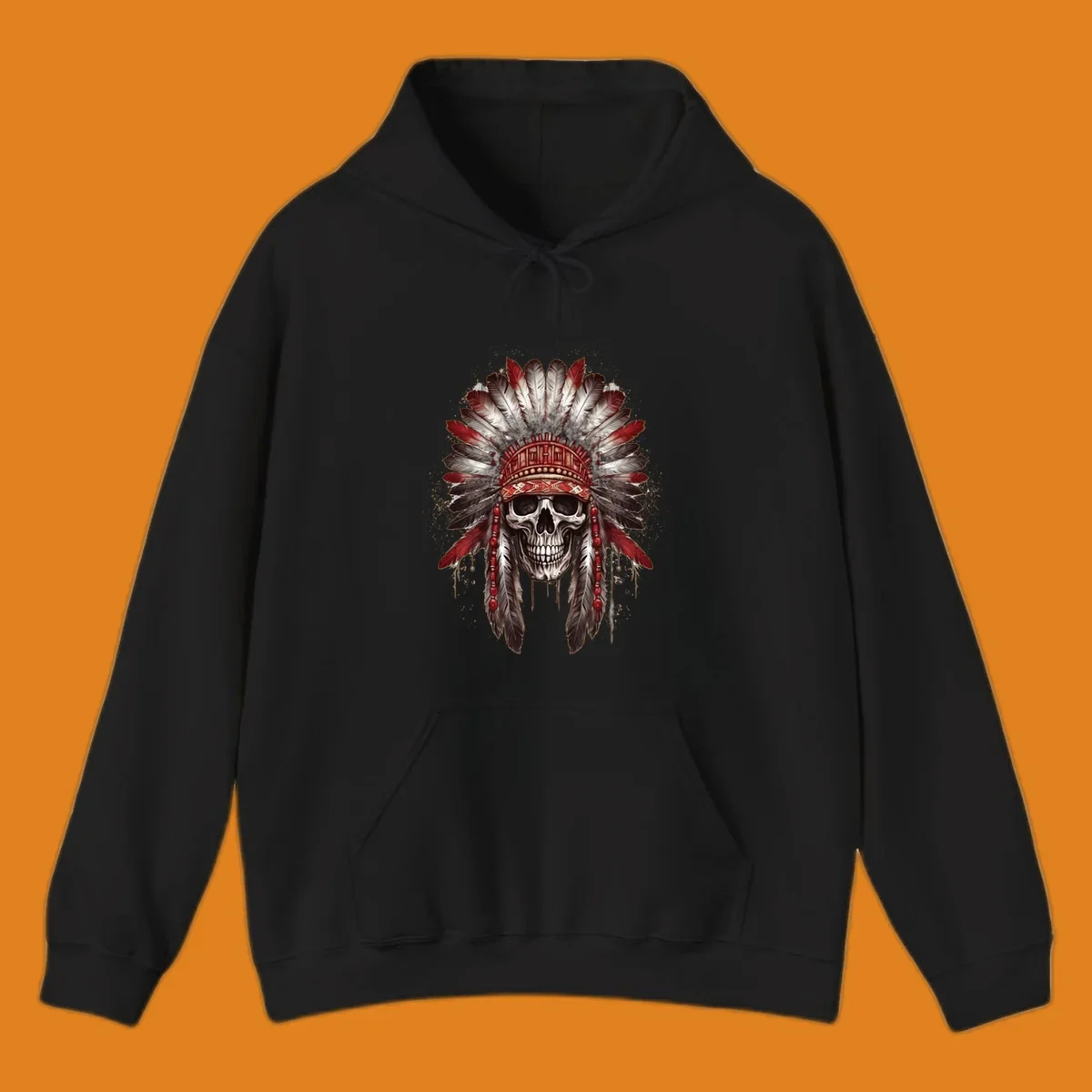 A detailed illustration of a human skull wearing an elaborate red, white, and grey feather headdress. This skull-feather-headdress design is set against a distressed background.