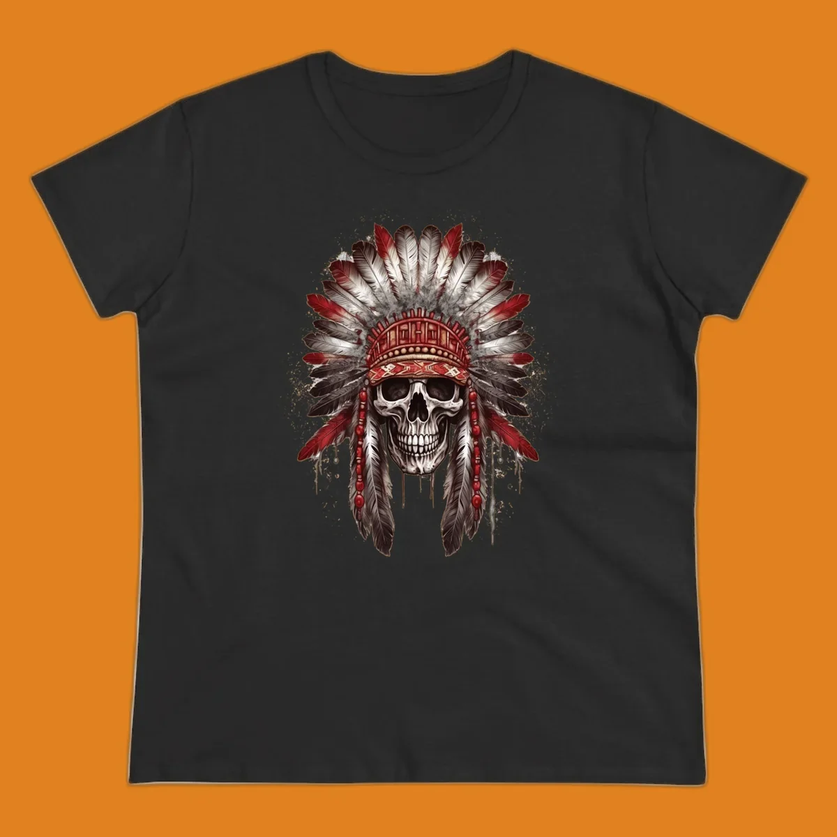 A detailed illustration of a human skull wearing an elaborate red, white, and grey feather headdress. This skull-feather-headdress design is set against a distressed background.
