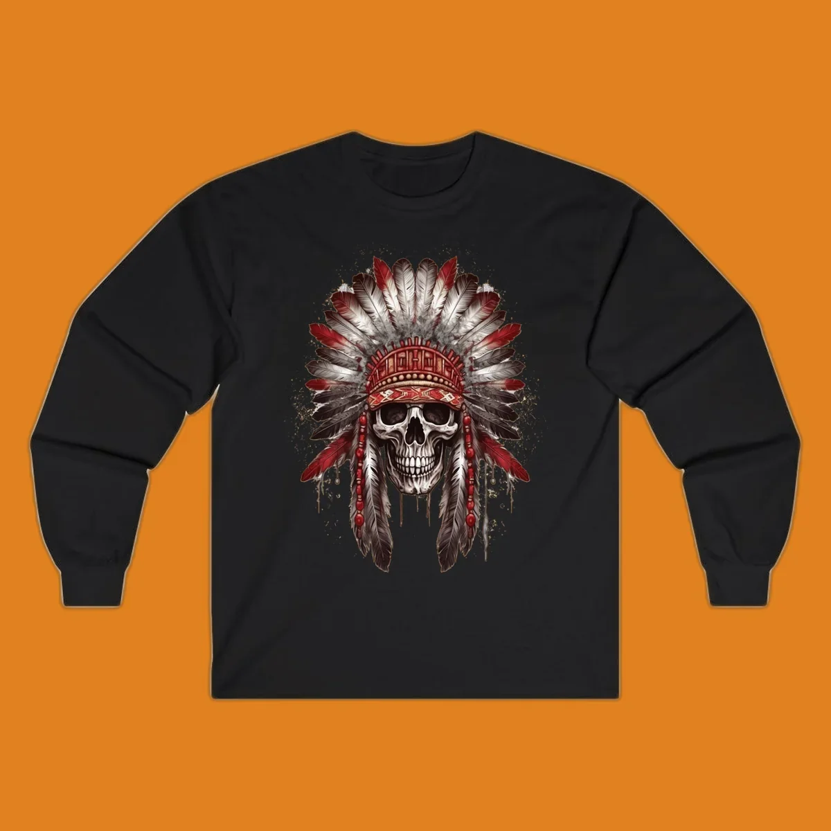 A detailed illustration of a human skull wearing an elaborate red, white, and grey feather headdress. This skull-feather-headdress design is set against a distressed background.