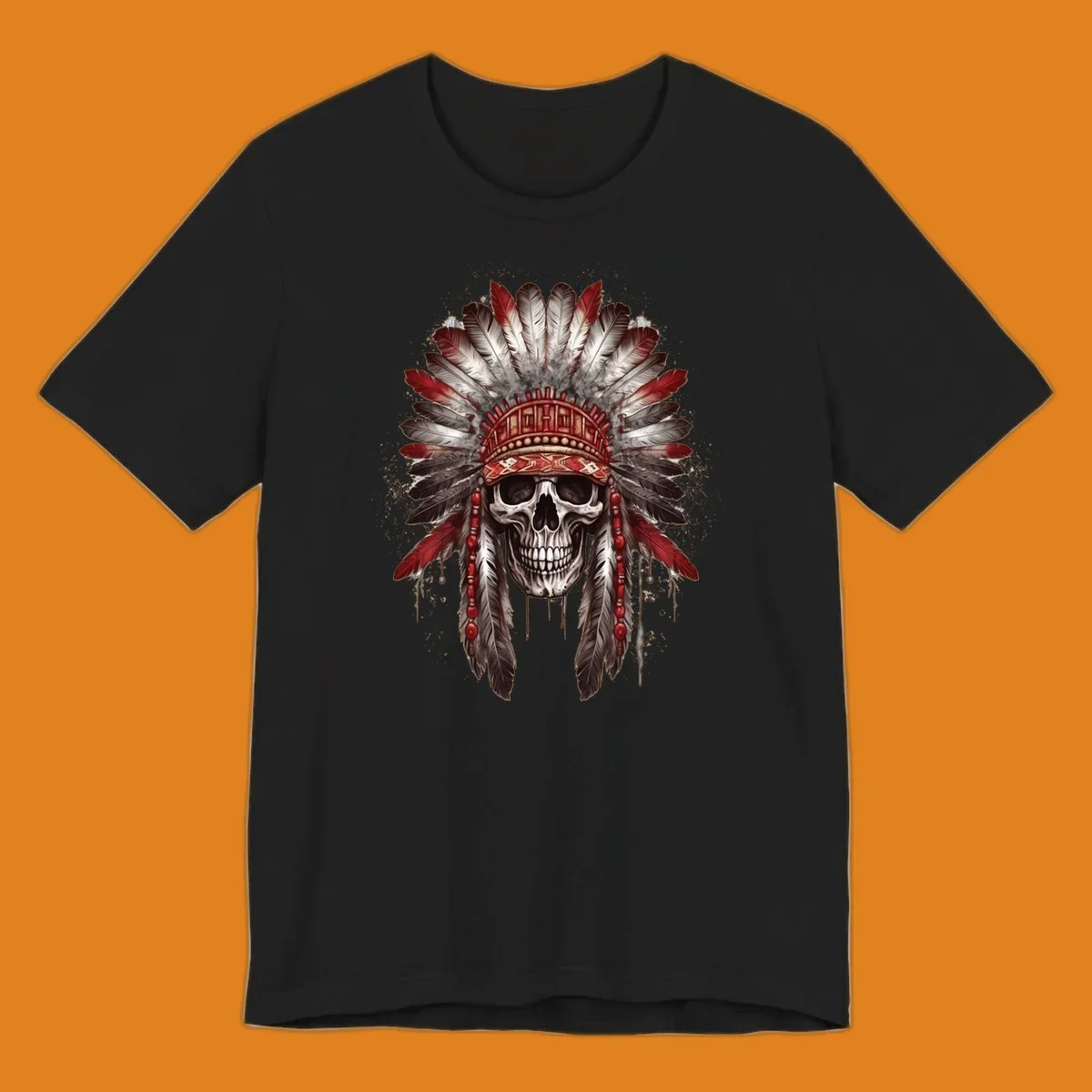 A detailed illustration of a human skull wearing an elaborate red, white, and grey feather headdress. This skull-feather-headdress design is set against a distressed background.