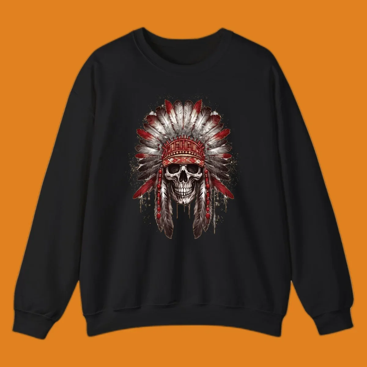 A detailed illustration of a human skull wearing an elaborate red, white, and grey feather headdress. This skull-feather-headdress design is set against a distressed background.