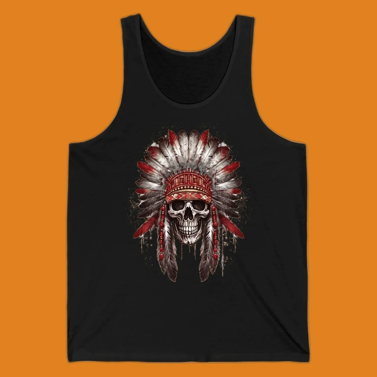 A detailed illustration of a human skull wearing an elaborate red, white, and grey feather headdress. This skull-feather-headdress design is set against a distressed background.