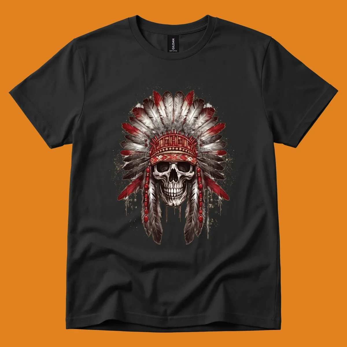 A detailed illustration of a human skull wearing an elaborate red, white, and grey feather headdress. This skull-feather-headdress design is set against a distressed background.