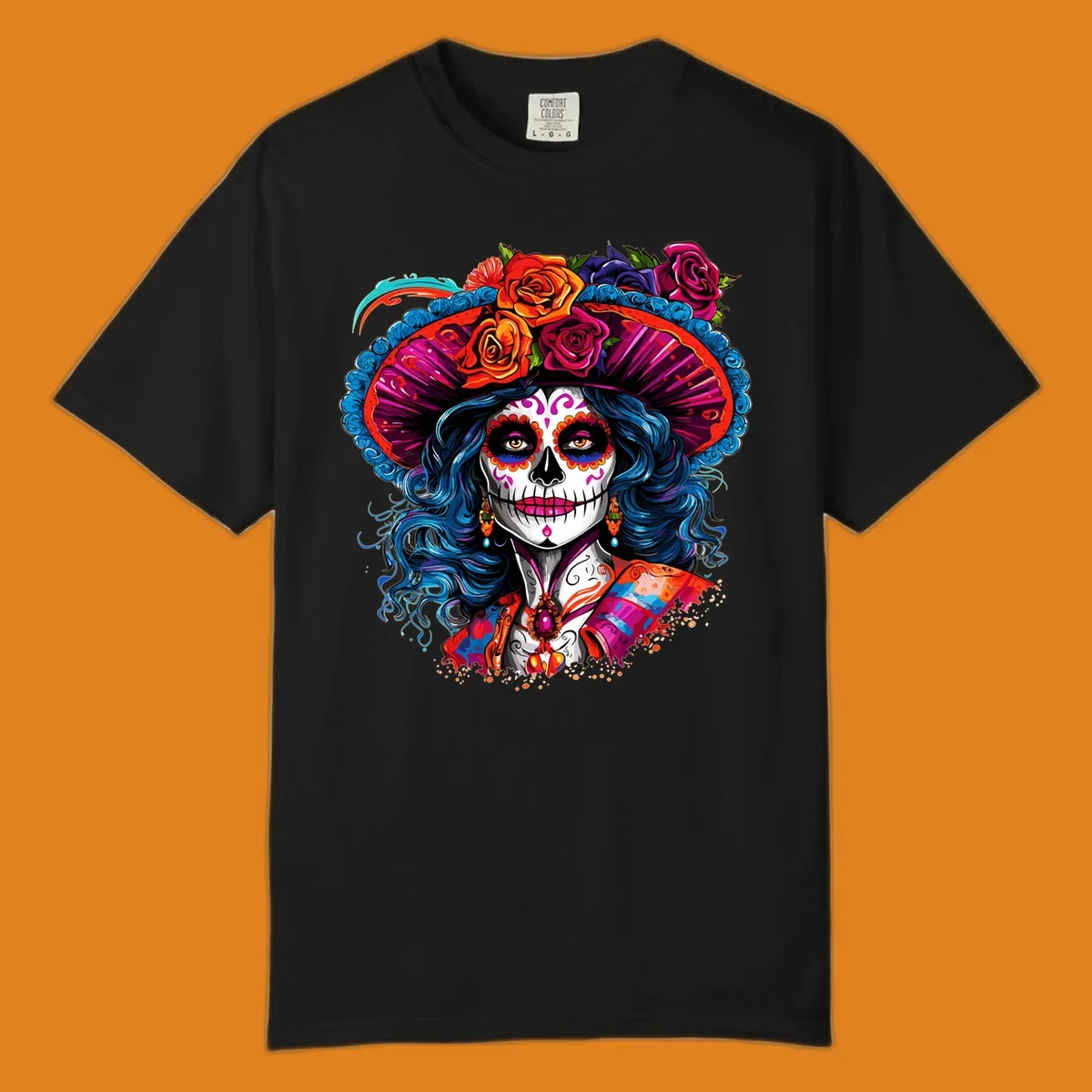 A vibrant Catrina sugar skull illustration with blue hair, a large floral hat, and colorful makeup, celebrating Day of the Dead.