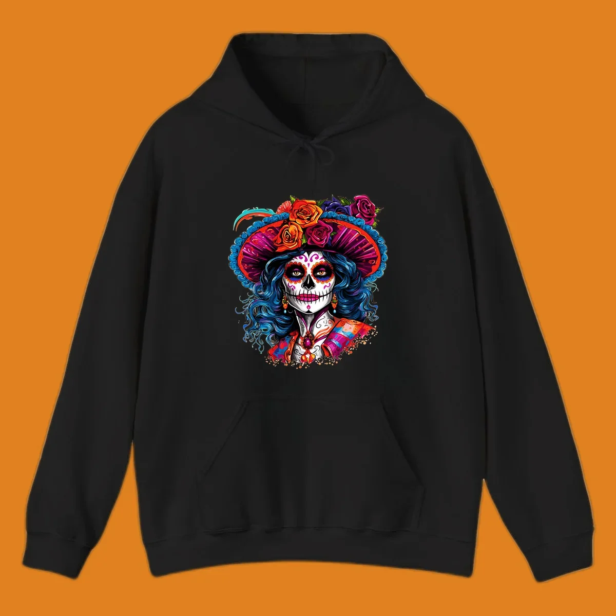 A vibrant Catrina sugar skull illustration with blue hair, a large floral hat, and colorful makeup, celebrating Day of the Dead.