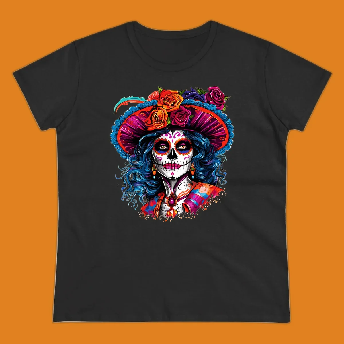 A vibrant Catrina sugar skull illustration with blue hair, a large floral hat, and colorful makeup, celebrating Day of the Dead.