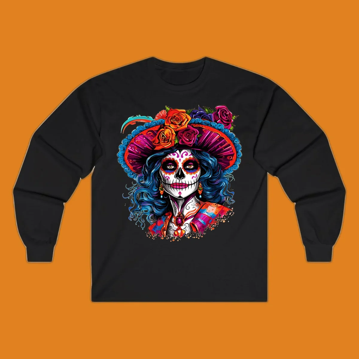 A vibrant Catrina sugar skull illustration with blue hair, a large floral hat, and colorful makeup, celebrating Day of the Dead.