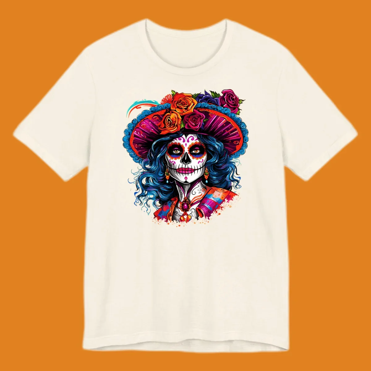 A vibrant Catrina sugar skull illustration with blue hair, a large floral hat, and colorful makeup, celebrating Day of the Dead.