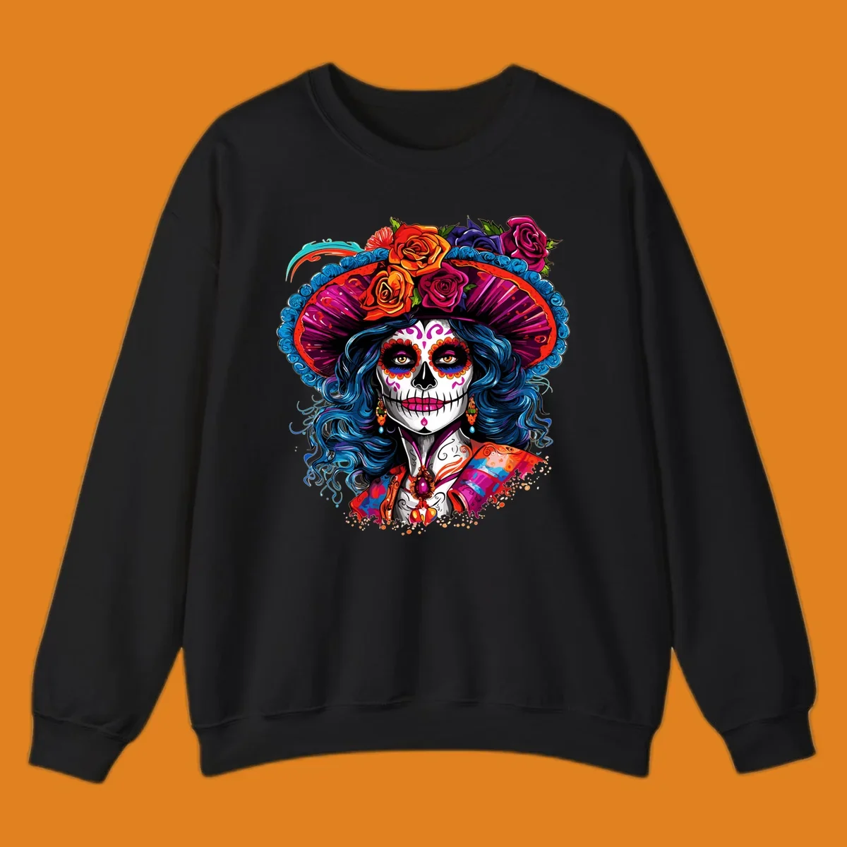 A vibrant Catrina sugar skull illustration with blue hair, a large floral hat, and colorful makeup, celebrating Day of the Dead.