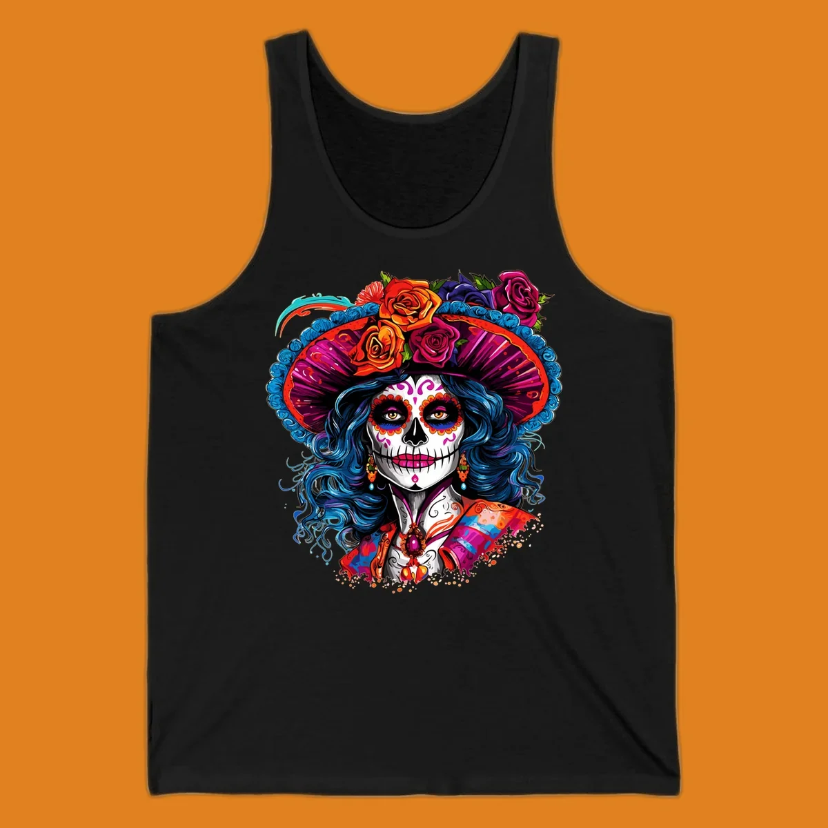 A vibrant Catrina sugar skull illustration with blue hair, a large floral hat, and colorful makeup, celebrating Day of the Dead.