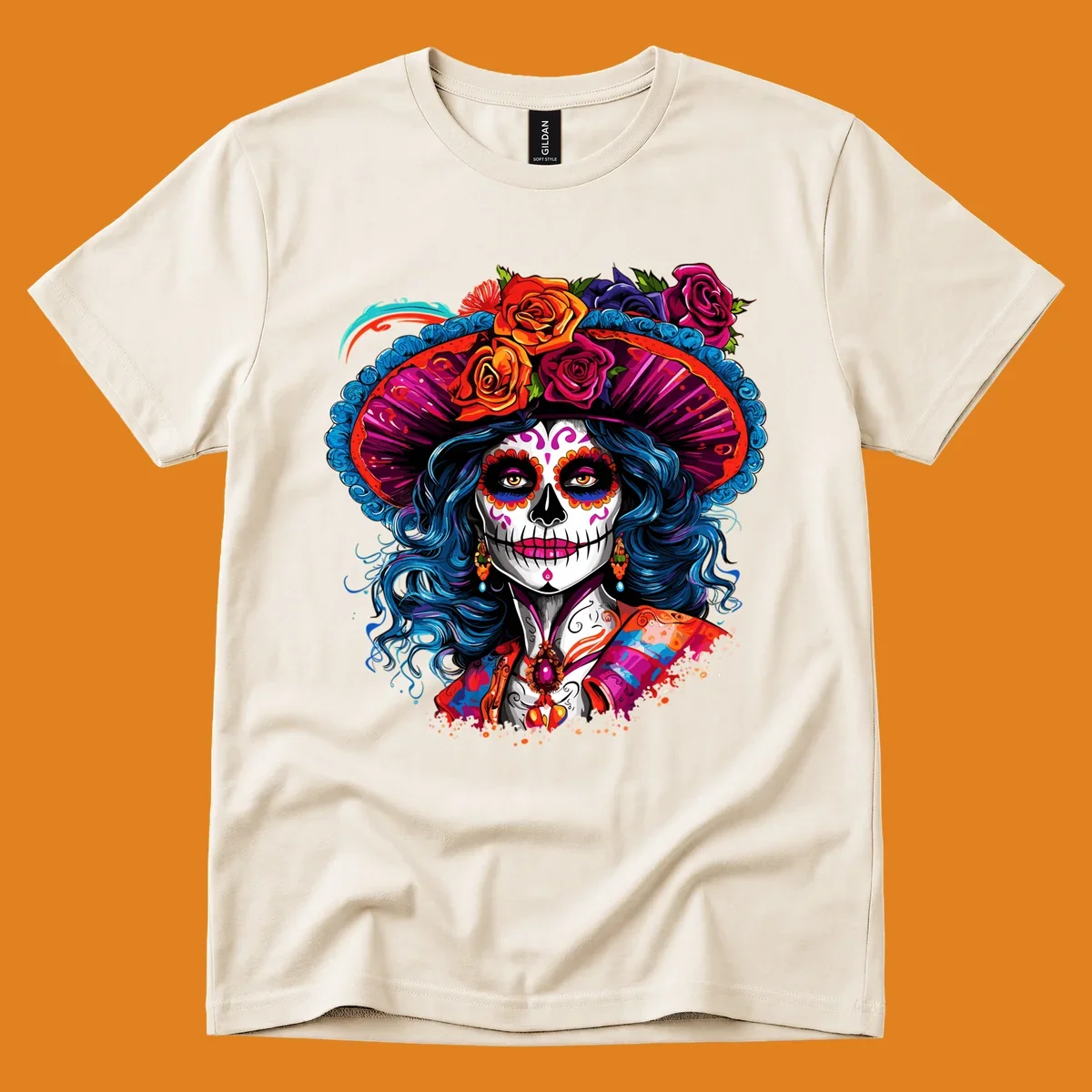 A vibrant Catrina sugar skull illustration with blue hair, a large floral hat, and colorful makeup, celebrating Day of the Dead.