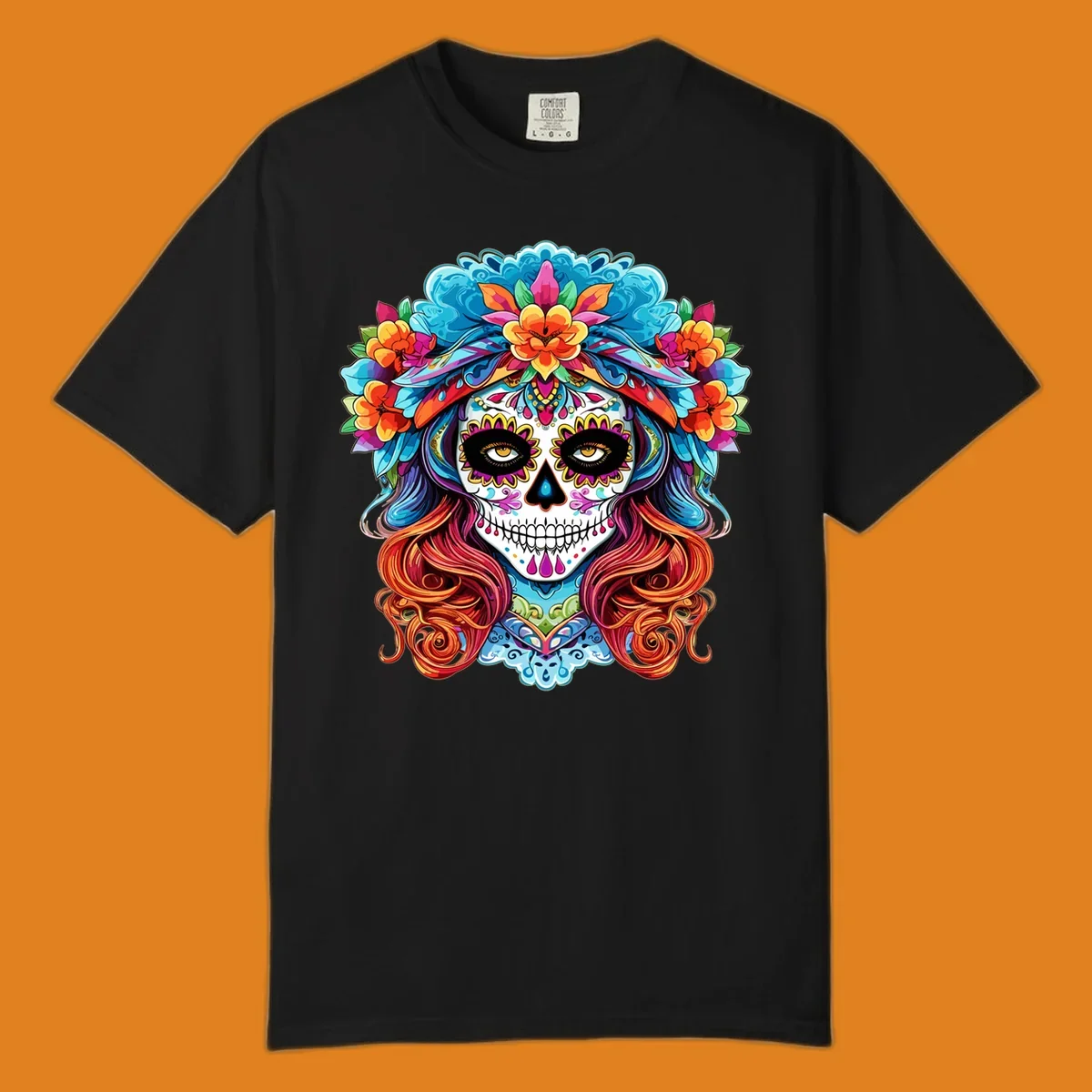 A highly detailed and colorful illustration of a vibrant floral sugar skull calavera with a large crown of flowers and flowing hair.