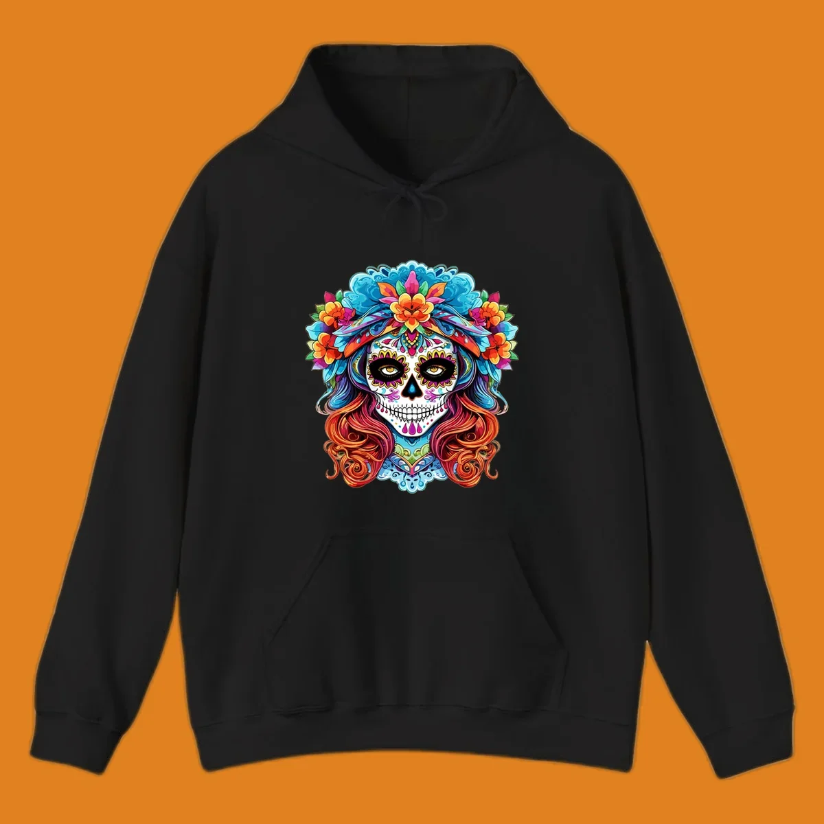 A highly detailed and colorful illustration of a vibrant floral sugar skull calavera with a large crown of flowers and flowing hair.