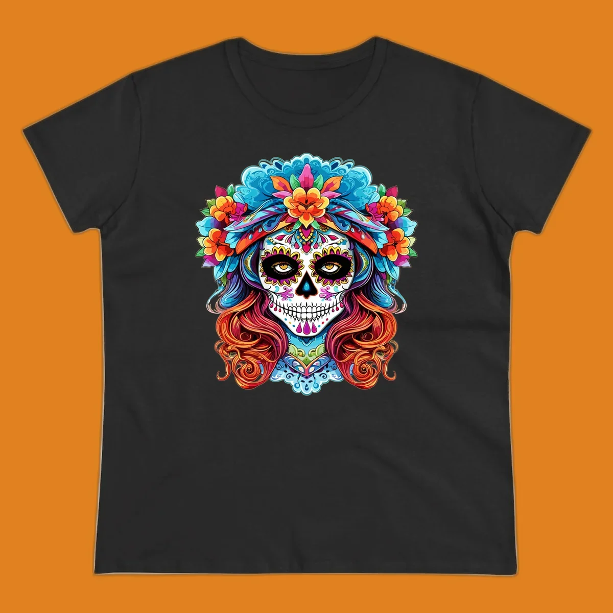 A highly detailed and colorful illustration of a vibrant floral sugar skull calavera with a large crown of flowers and flowing hair.