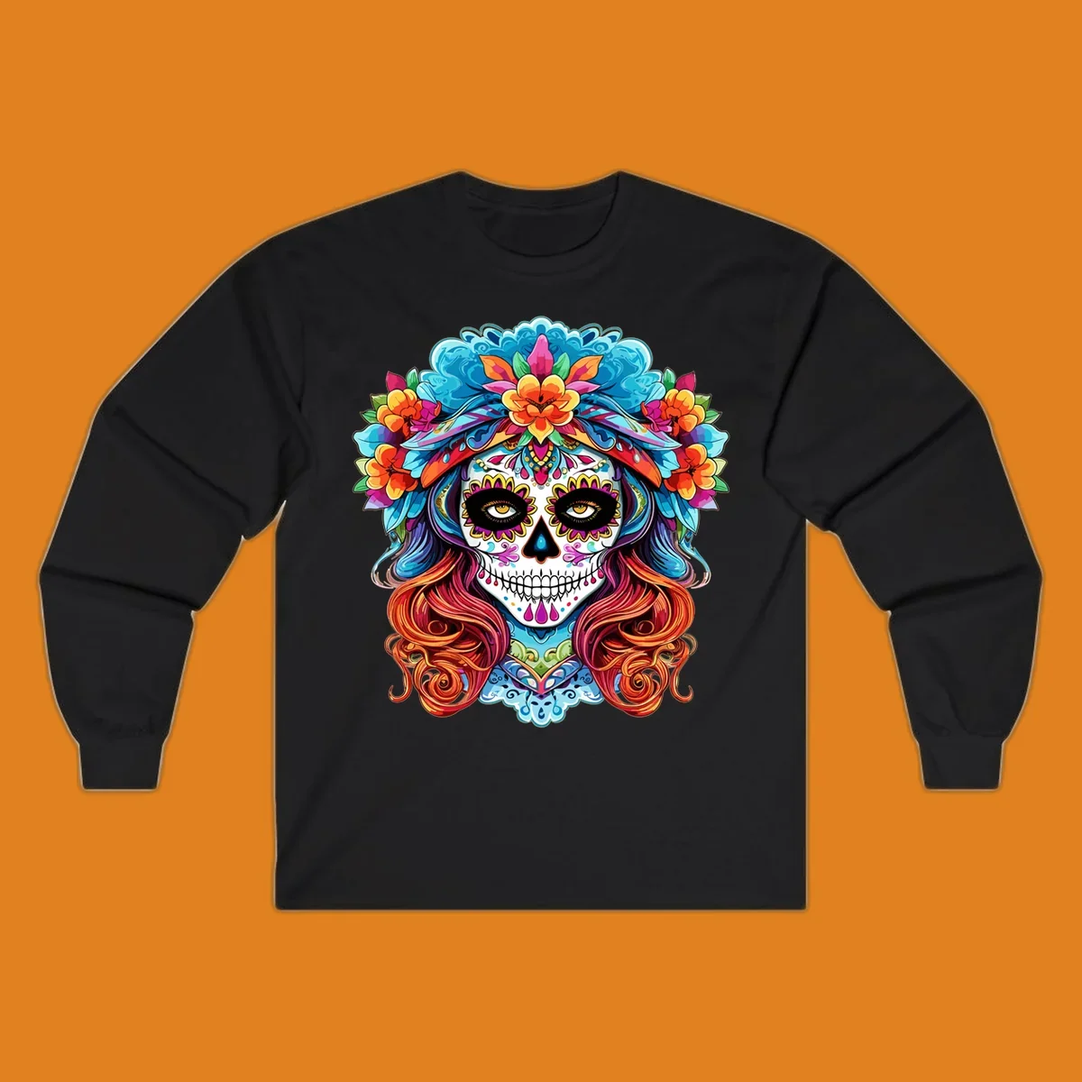 A highly detailed and colorful illustration of a vibrant floral sugar skull calavera with a large crown of flowers and flowing hair.