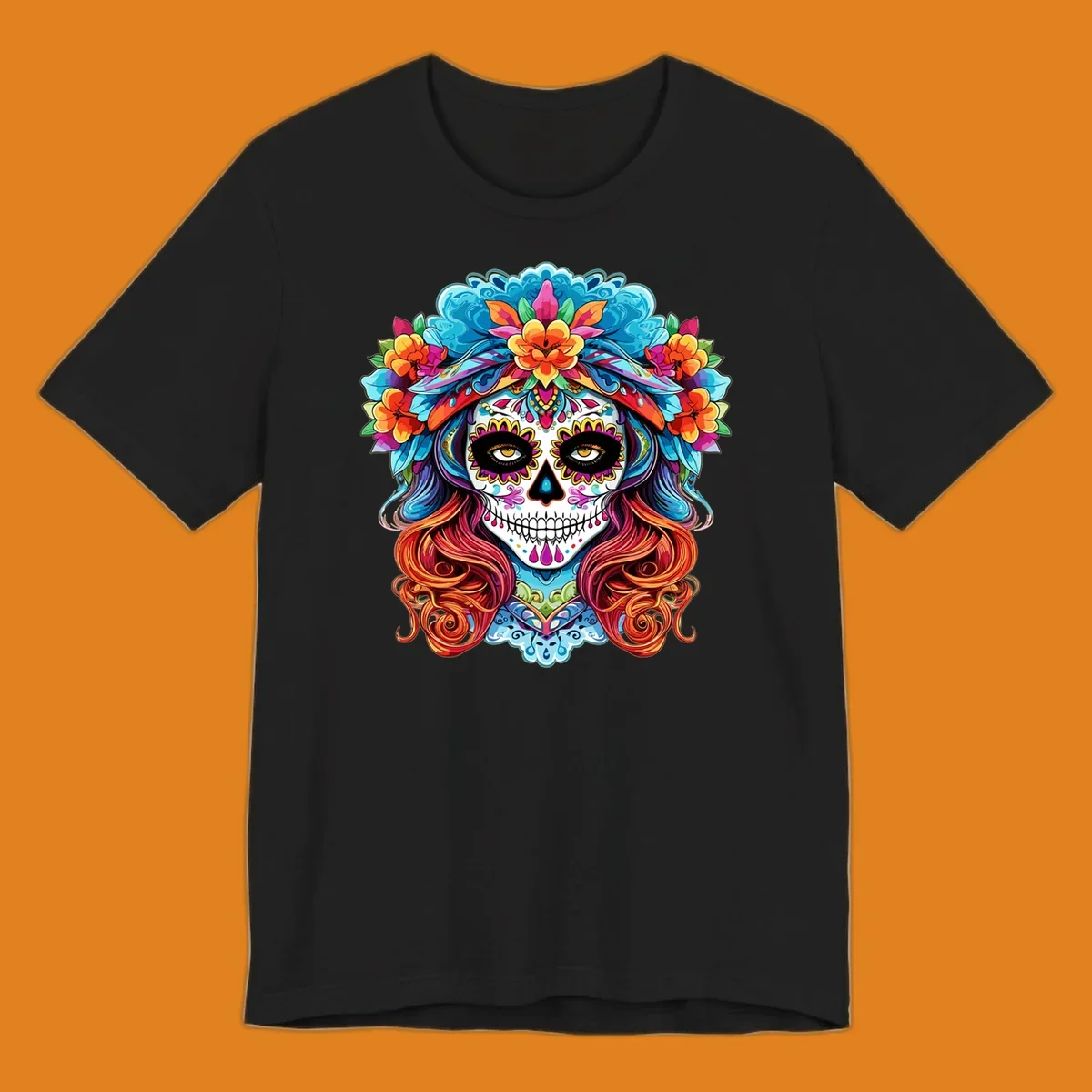 A highly detailed and colorful illustration of a vibrant floral sugar skull calavera with a large crown of flowers and flowing hair.