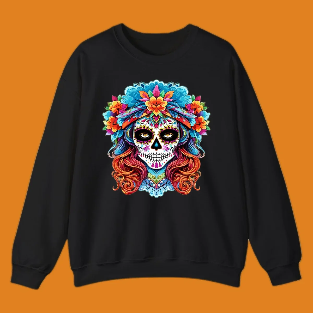 A highly detailed and colorful illustration of a vibrant floral sugar skull calavera with a large crown of flowers and flowing hair.