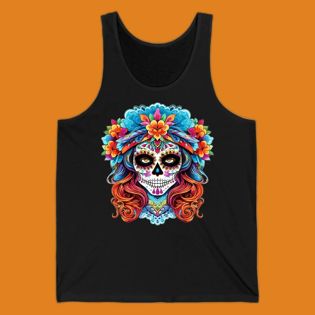 A highly detailed and colorful illustration of a vibrant floral sugar skull calavera with a large crown of flowers and flowing hair.