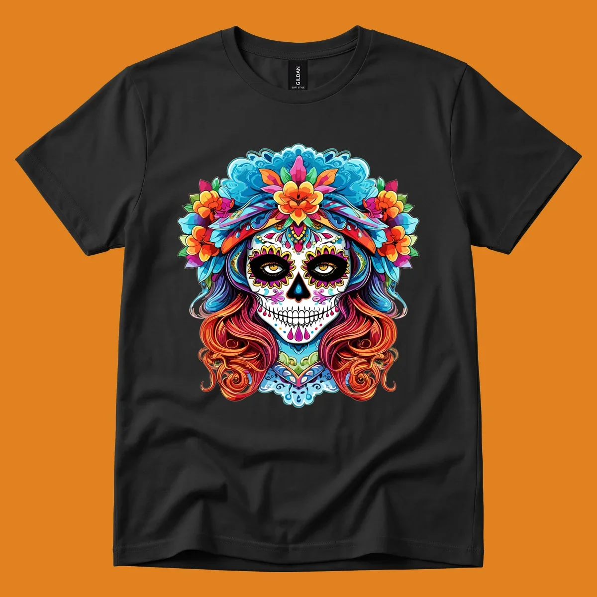 A highly detailed and colorful illustration of a vibrant floral sugar skull calavera with a large crown of flowers and flowing hair.