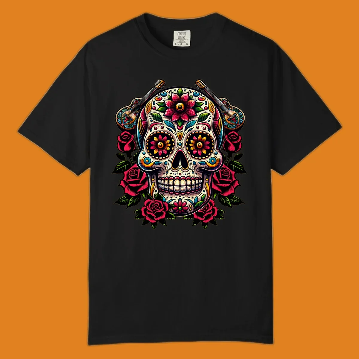 A vibrant floral calavera, adorned with colorful flowers, two guitars, and surrounded by red roses and green leaves.
