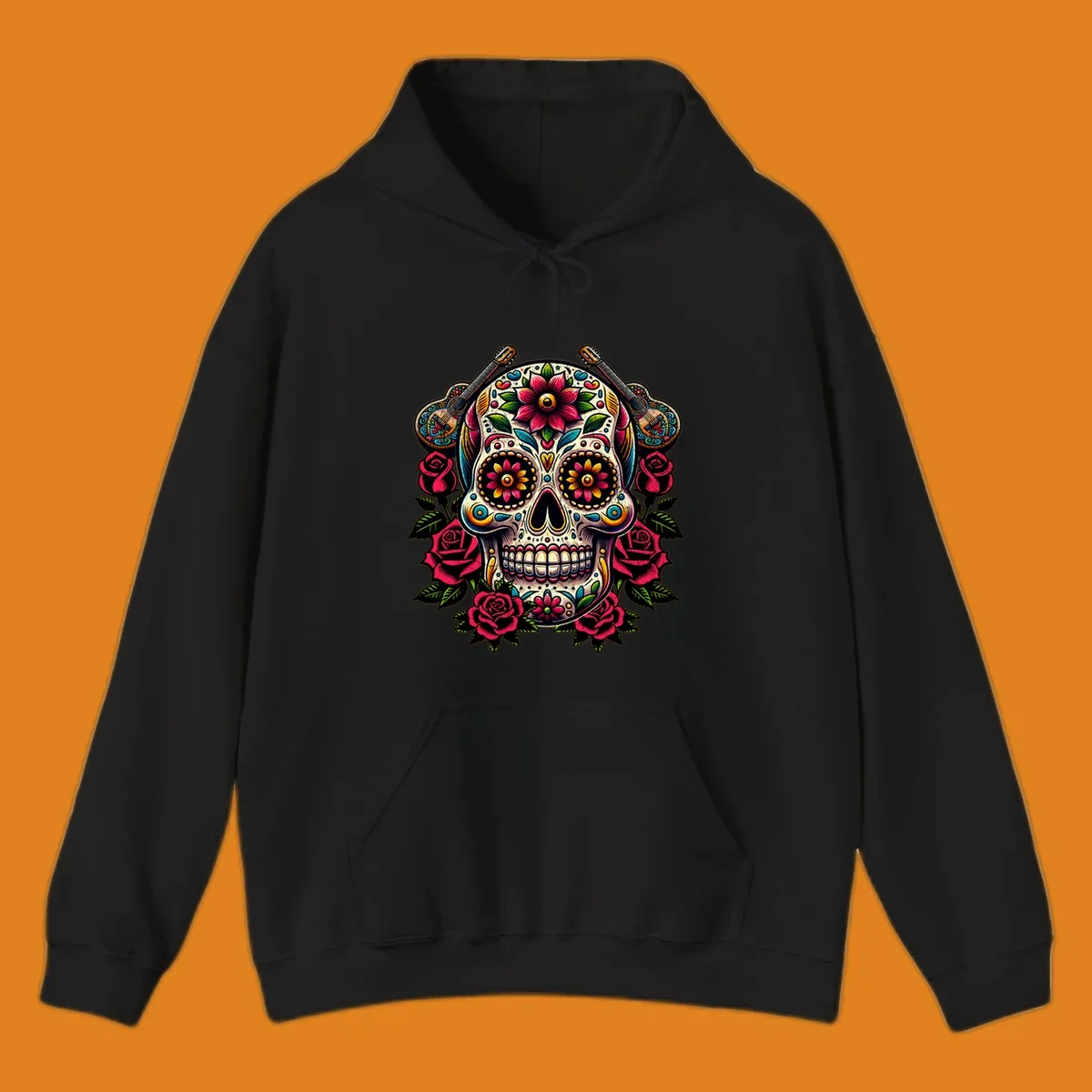 A vibrant floral calavera, adorned with colorful flowers, two guitars, and surrounded by red roses and green leaves.