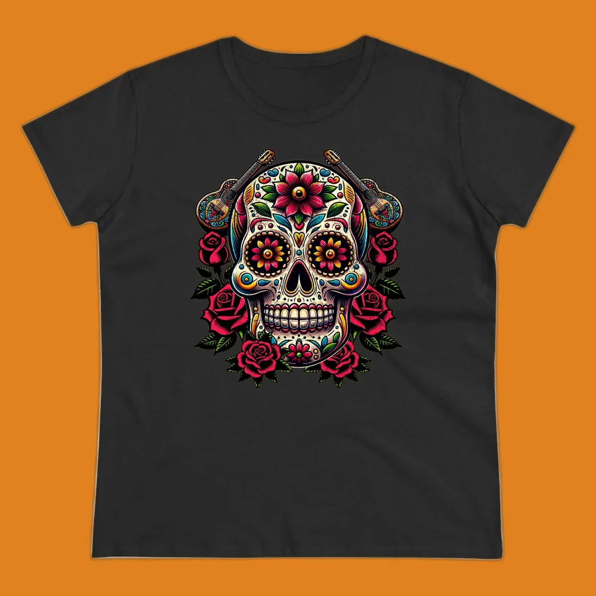 A vibrant floral calavera, adorned with colorful flowers, two guitars, and surrounded by red roses and green leaves.