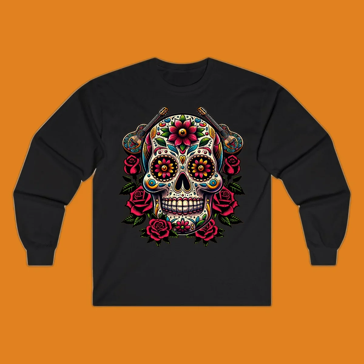 A vibrant floral calavera, adorned with colorful flowers, two guitars, and surrounded by red roses and green leaves.