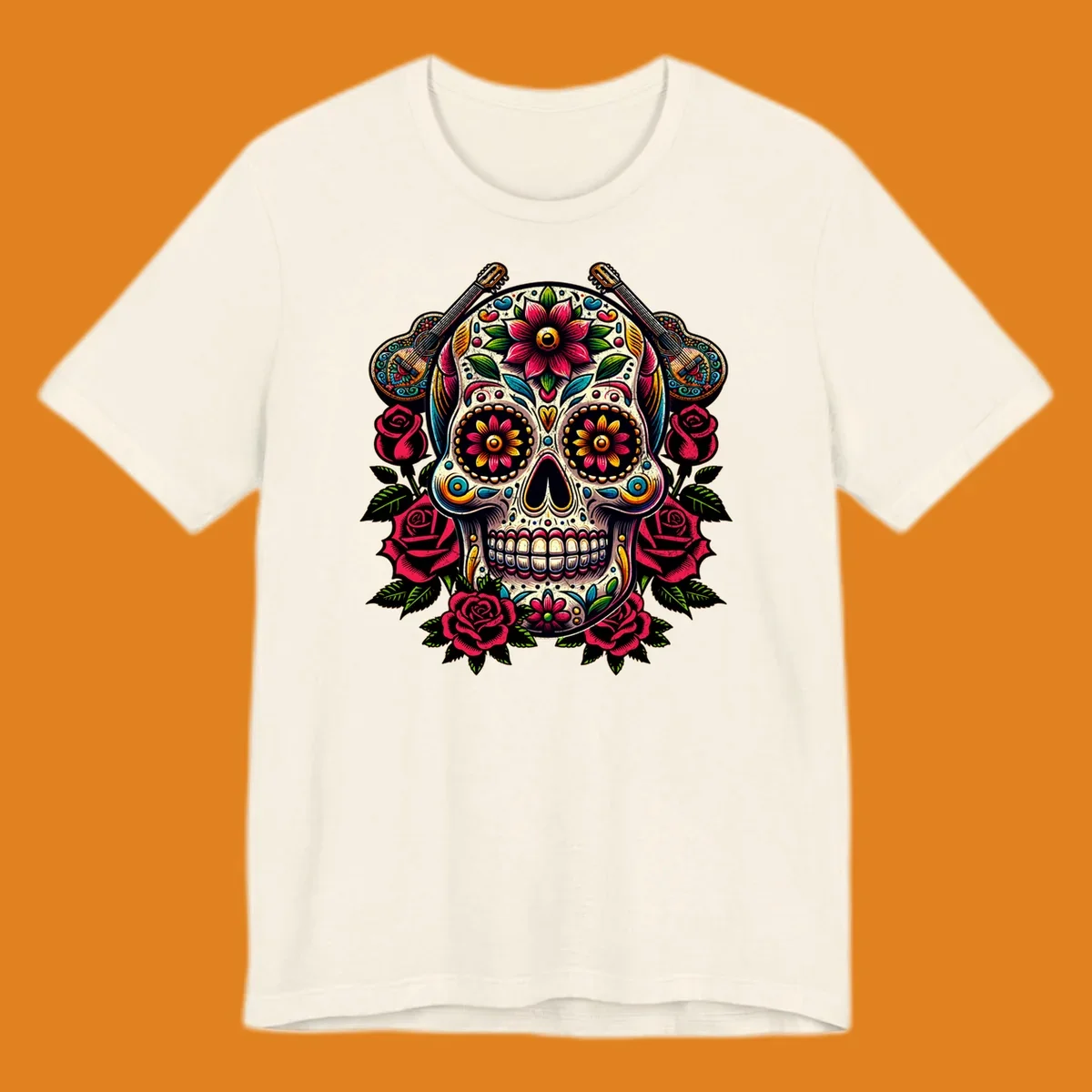 A vibrant floral calavera, adorned with colorful flowers, two guitars, and surrounded by red roses and green leaves.