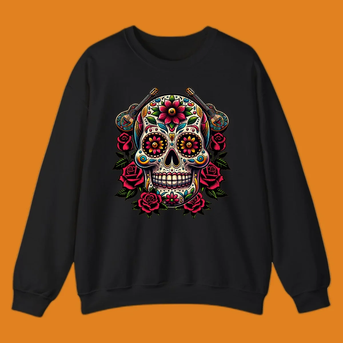 A vibrant floral calavera, adorned with colorful flowers, two guitars, and surrounded by red roses and green leaves.