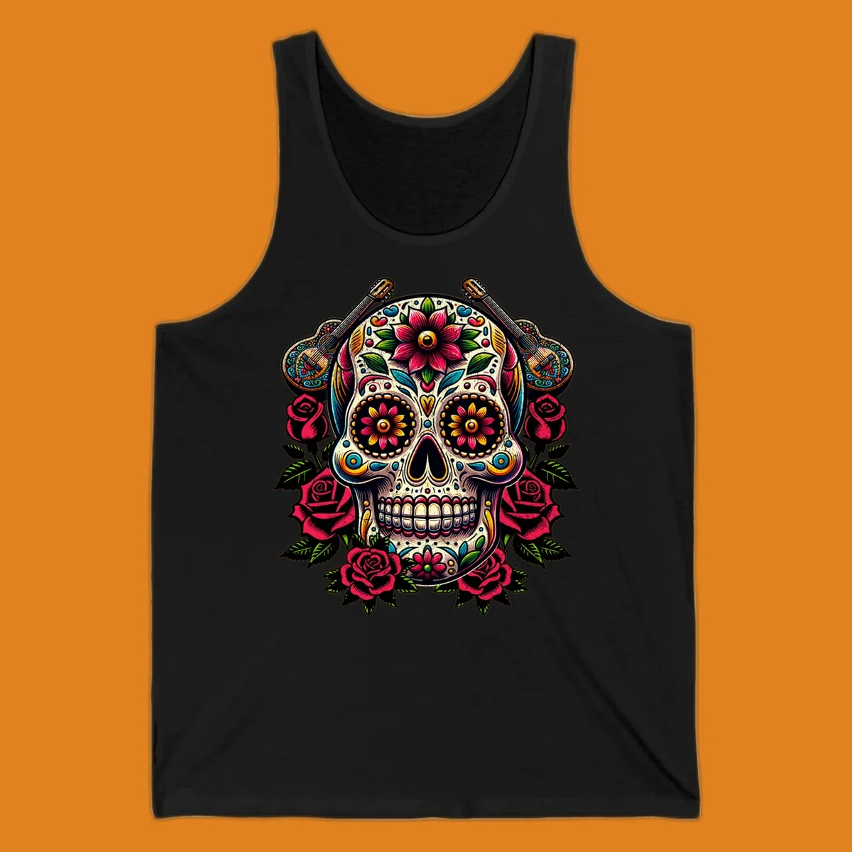 A vibrant floral calavera, adorned with colorful flowers, two guitars, and surrounded by red roses and green leaves.