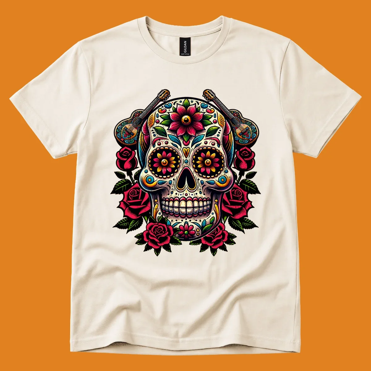 A vibrant floral calavera, adorned with colorful flowers, two guitars, and surrounded by red roses and green leaves.