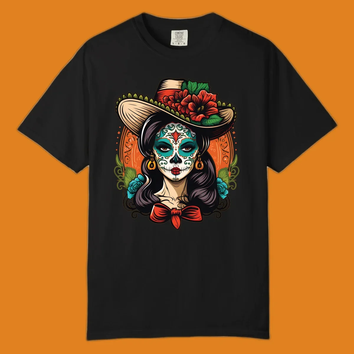 Vibrant illustration of a calavera sombrero lady with intricate sugar skull makeup, red flowers, and blue roses.